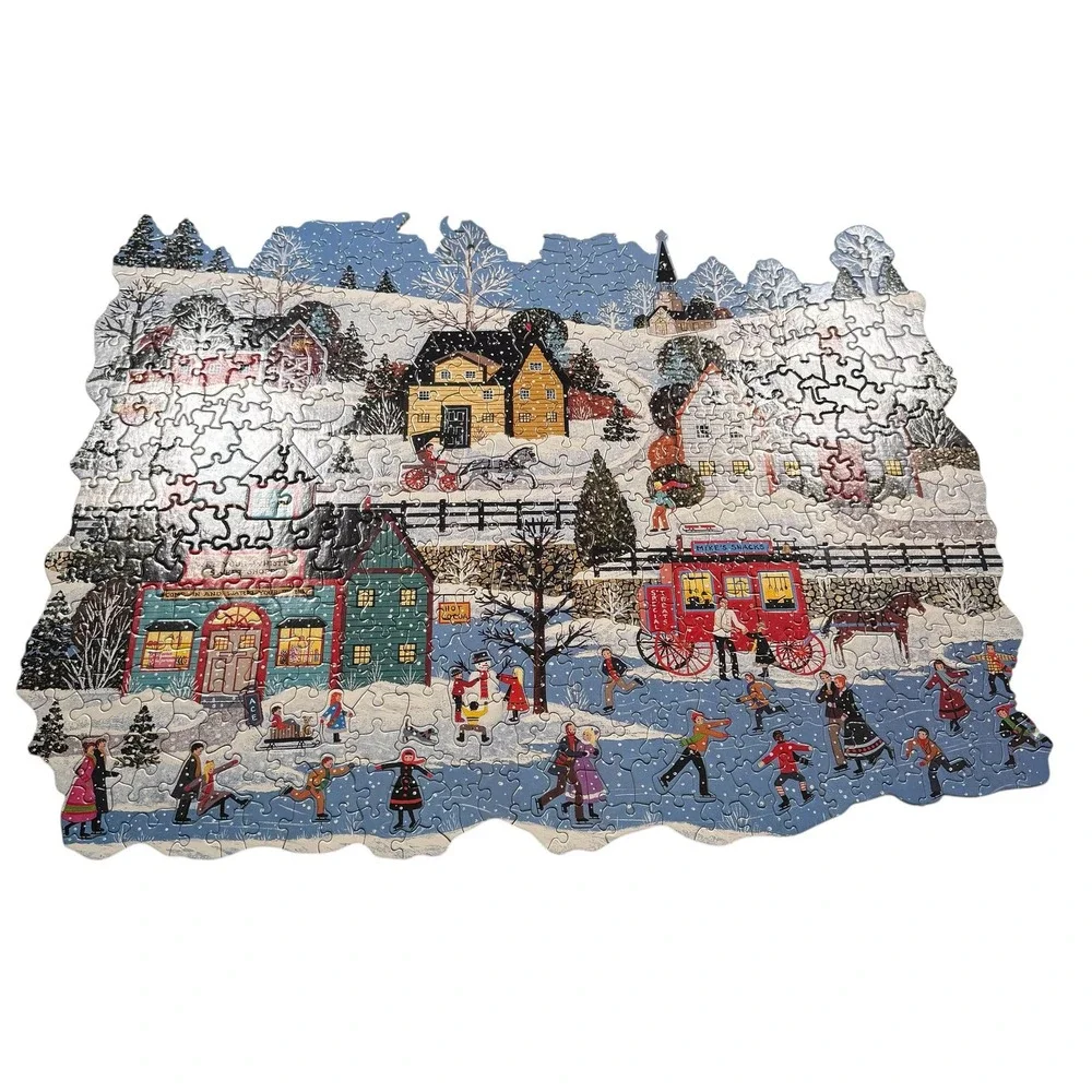 Ceaco 530 Piece Silhouette Corkboard Jigsaw Puzzle Winter Village Ice‎ Skaters